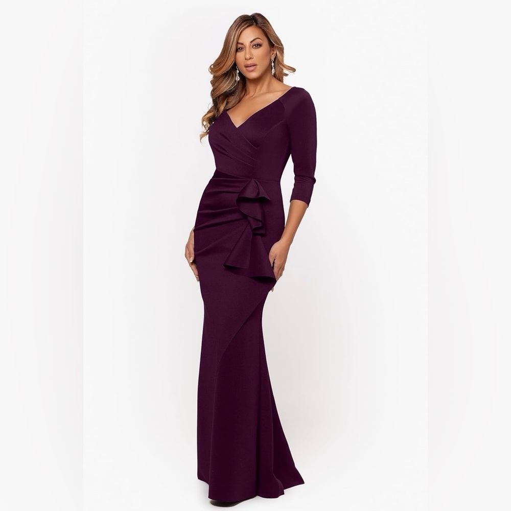 Xscape Women's Long 3/4 Sleeve V-Neck Side Ruched Gown - Picture 2 of 9